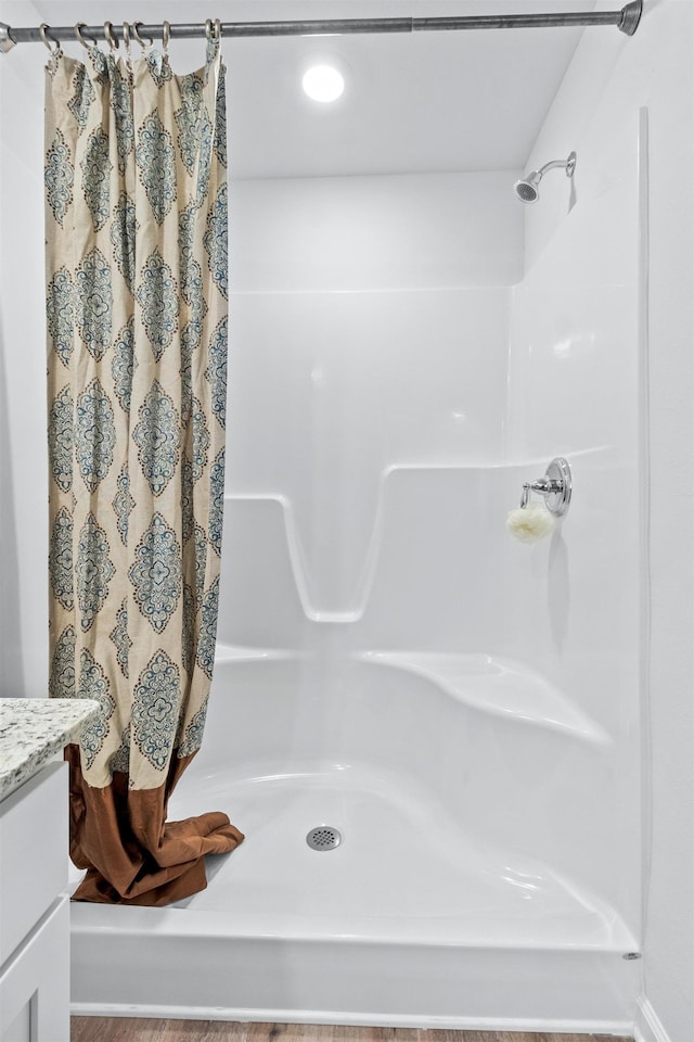 223 Milestone Trl, Crawfordville, FL 32327 - bathroom featuring curtained shower, vanity, and recessed lighting