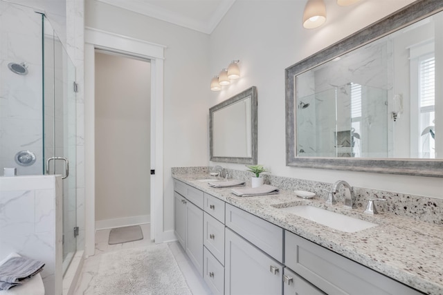 834 Piney Village Loop, Tallahassee, FL 32311 - bathroom featuring double vanity, a marble finish shower, ornamental molding, marble finish floors, and baseboards