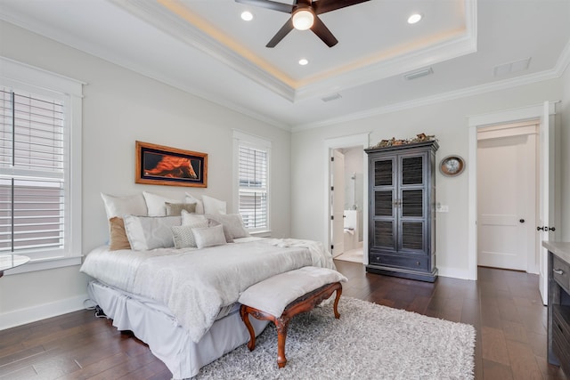 834 Piney Village Loop, Tallahassee, FL 32311 - bedroom featuring a raised ceiling, dark wood-type flooring, crown molding, baseboards, and recessed lighting