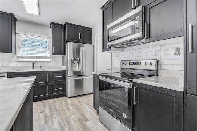 kitchen with dark cabinetry, a sink, decorative backsplash, light wood-style floors, and appliances with stainless steel finishes