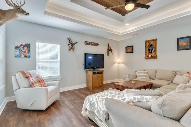 living room with a raised ceiling, ceiling fan, wood ceiling, and dark hardwood / wood-style floors