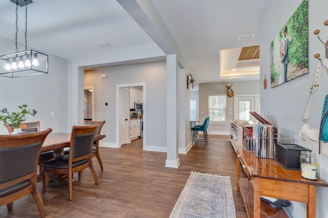 dining room featuring a raised ceiling and dark hardwood / wood-style floors