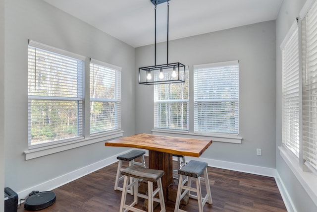 dining space featuring a chandelier, a healthy amount of sunlight, and dark hardwood / wood-style floors