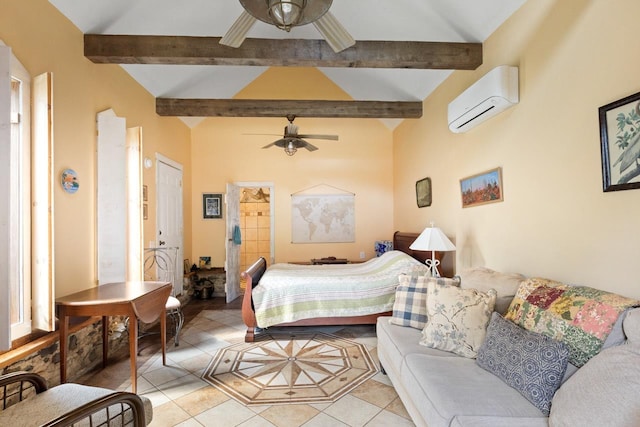 bedroom featuring a ceiling fan, lofted ceiling with beams, light tile patterned floors, and a wall unit AC