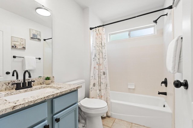 full bathroom with toilet, shower / bathtub combination with curtain, and vanity