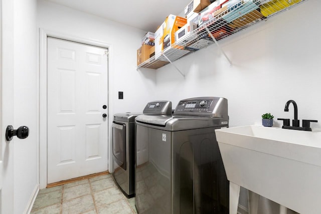 laundry room with laundry area, a sink, and washing machine and dryer