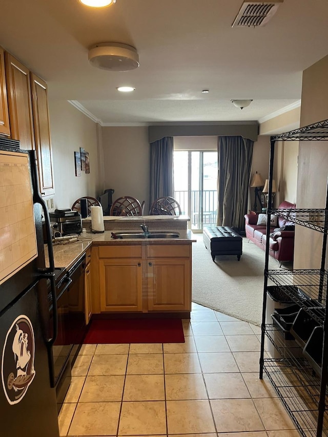 215 W College Ave Unit 511, Tallahassee, FL 32301 - kitchen with crown molding, freestanding refrigerator, a peninsula, open floor plan, and a sink