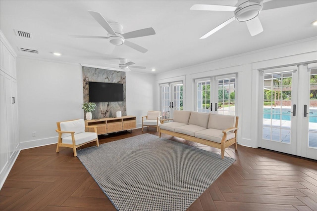 4640 Grove Park Dr, Tallahassee, FL 32311 - living area with french doors, a ceiling fan, crown molding, and recessed lighting