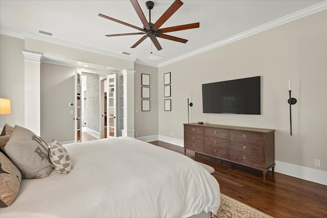 4640 Grove Park Dr, Tallahassee, FL 32311 - bedroom featuring dark wood finished floors, crown molding, ornate columns, and ceiling fan
