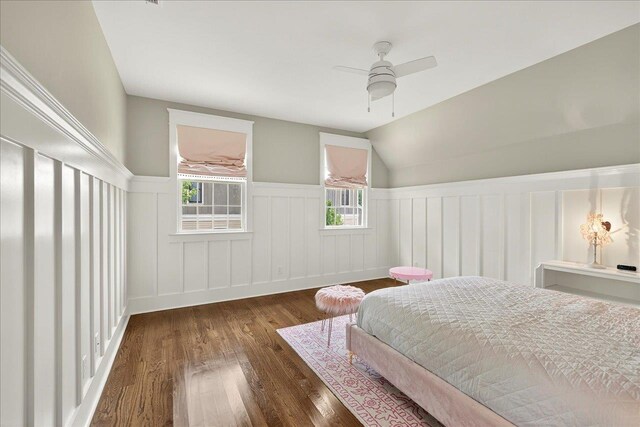 4640 Grove Park Dr, Tallahassee, FL 32311 - bedroom featuring a wainscoted wall, wood finished floors, and ceiling fan