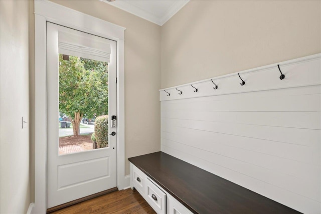 4640 Grove Park Dr, Tallahassee, FL 32311 - mudroom featuring ornamental molding and dark wood-style floors
