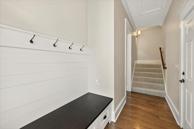 4640 Grove Park Dr, Tallahassee, FL 32311 - mudroom with dark wood-type flooring and attic access