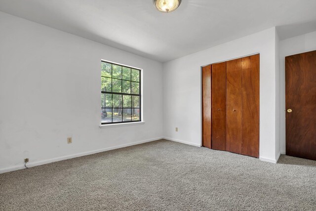 unfurnished bedroom featuring baseboards, carpet, and a closet