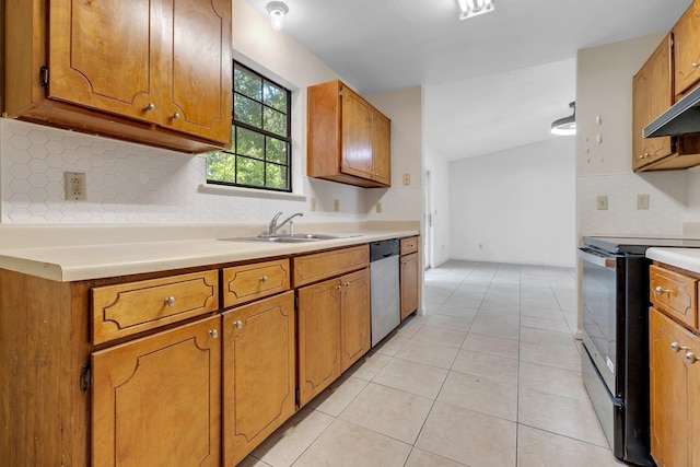 kitchen with a sink, brown cabinetry, black electric range, tasteful backsplash, and stainless steel dishwasher
