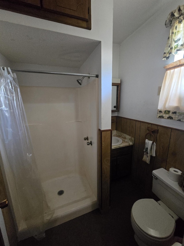 3232 Loren Henderson Rd, Perry, FL 32347 - full bathroom featuring a shower stall, toilet, lofted ceiling, and vanity