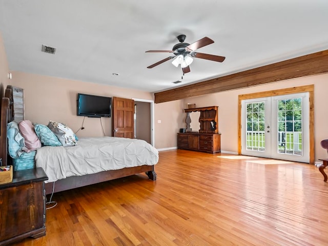 bedroom with access to exterior, light wood-type flooring, ceiling fan, and french doors