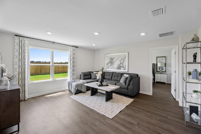 living room featuring dark wood-type flooring