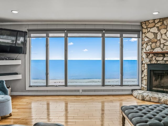 living room with hardwood / wood-style floors, a stone fireplace, plenty of natural light, and a water view