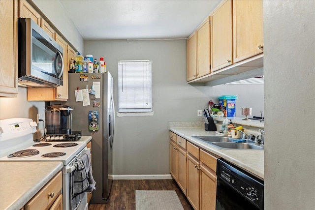 kitchen featuring a sink, black dishwasher, light countertops, white range with electric stovetop, and stainless steel microwave