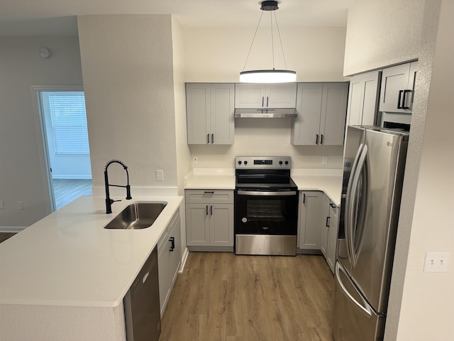 kitchen featuring pendant lighting, stainless steel appliances, sink, kitchen peninsula, and gray cabinetry