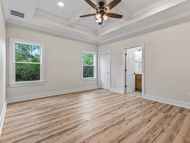 117 Anhinga Trl, Carrabelle, FL 32322 - unfurnished bedroom with light wood-style floors, beamed ceiling, coffered ceiling, ensuite bathroom, and recessed lighting