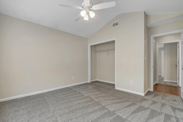 1790 Newman Ln, Tallahassee, FL 32312 - unfurnished bedroom with carpet, lofted ceiling, baseboards, a closet, and ceiling fan