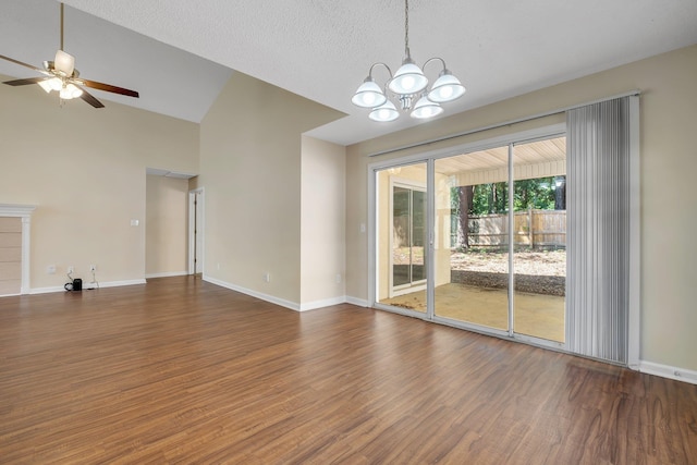 1790 Newman Ln, Tallahassee, FL 32312 - unfurnished dining area featuring wood finished floors, a chandelier, ceiling fan, baseboards, and lofted ceiling