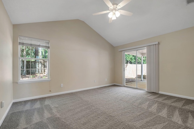 1790 Newman Ln, Tallahassee, FL 32312 - empty room with vaulted ceiling, carpet flooring, a ceiling fan, and baseboards
