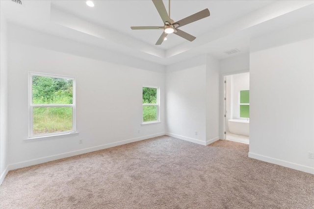 empty room featuring ceiling fan, a healthy amount of sunlight, a raised ceiling, and light carpet