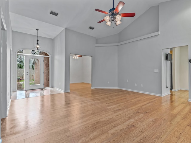 944 Poser Ct, Tallahassee, FL 32317 - unfurnished room with ceiling fan, high vaulted ceiling, and light wood-style flooring