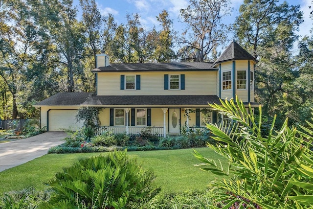 victorian home featuring a front lawn, covered porch, and a garage