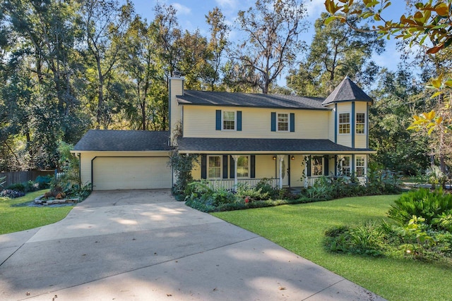 victorian house featuring covered porch, a garage, concrete driveway, and a front lawn