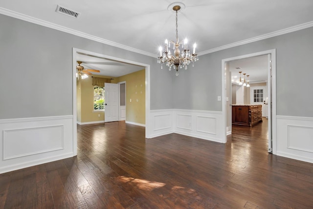 2953 Velda Dairy Rd, Tallahassee, FL 32309 - unfurnished room featuring a chandelier, ornamental molding, a wainscoted wall, dark wood-type flooring, and ceiling fan