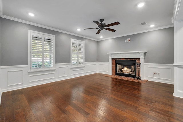 unfurnished living room with recessed lighting, a fireplace, dark wood-style floors, a ceiling fan, and visible vents
