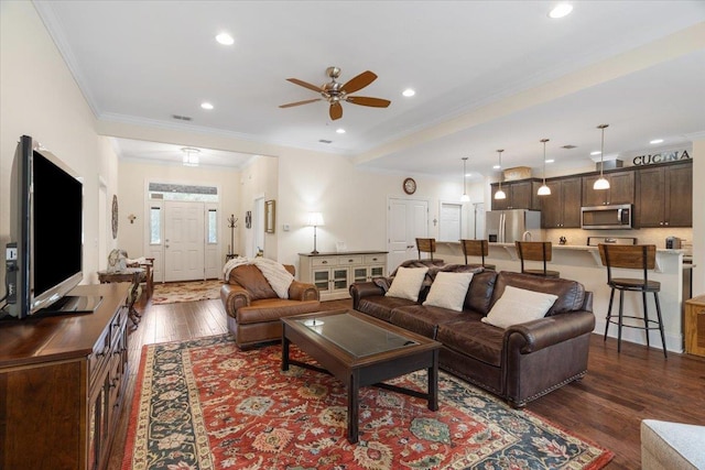 4516 Cavendish Ct, Tallahassee, FL 32309 - living area with crown molding, dark wood-type flooring, ceiling fan, and recessed lighting