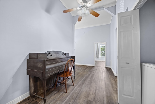 misc room with high vaulted ceiling, ceiling fan, crown molding, and wood-type flooring