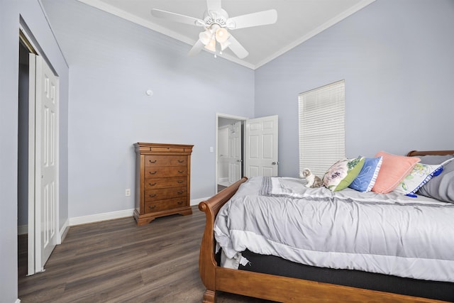 bedroom featuring ceiling fan, a closet, high vaulted ceiling, dark hardwood / wood-style flooring, and crown molding