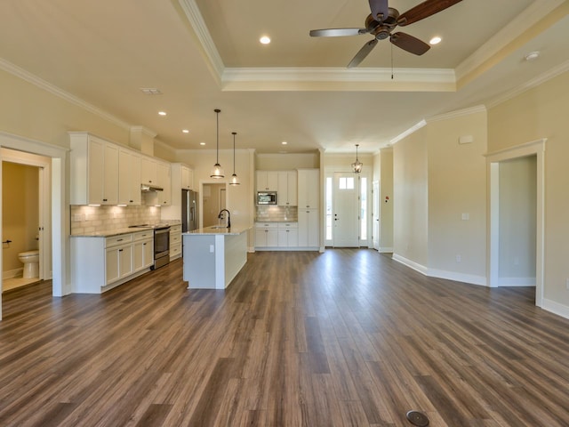 unfurnished living room featuring a raised ceiling, ceiling fan, ornamental molding, and a sink
