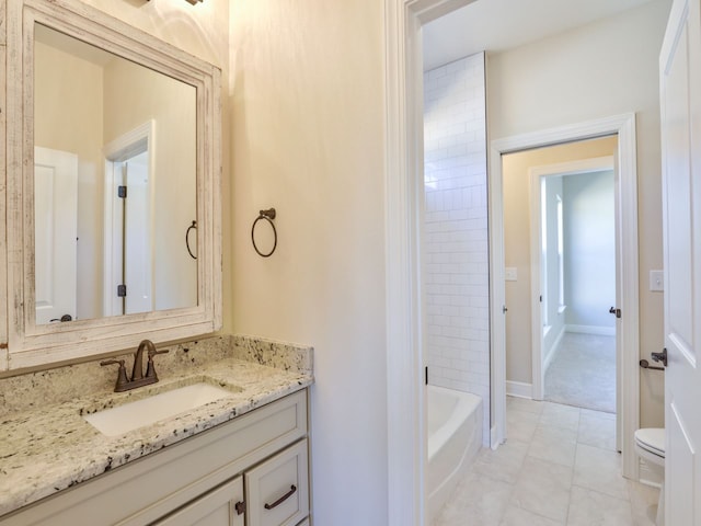 full bath featuring toilet, shower / bathtub combination, and vanity