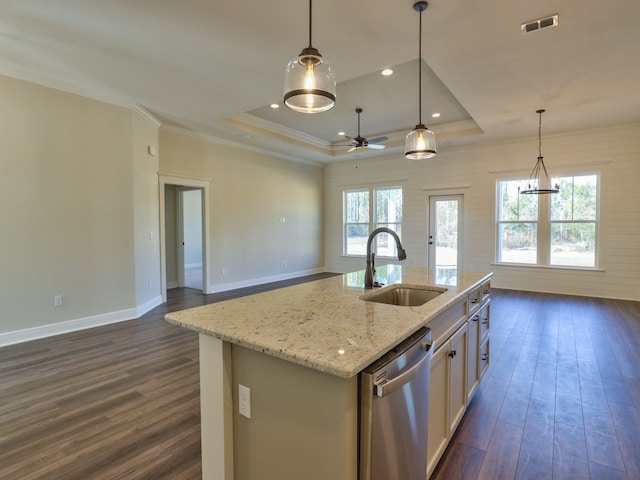 kitchen with open floor plan, stainless steel dishwasher, dark wood-type flooring, and a sink