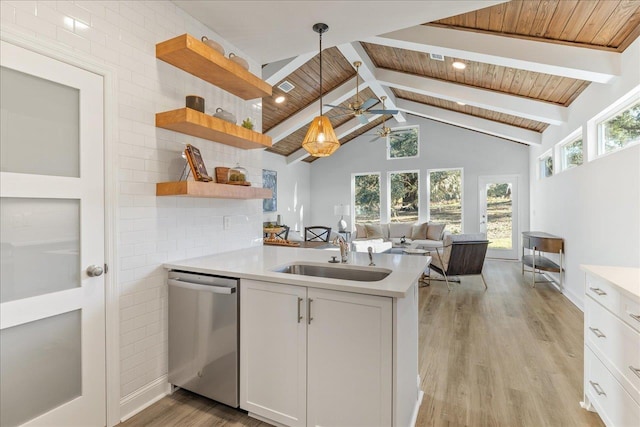 kitchen with hanging light fixtures, white cabinetry, sink, and stainless steel dishwasher