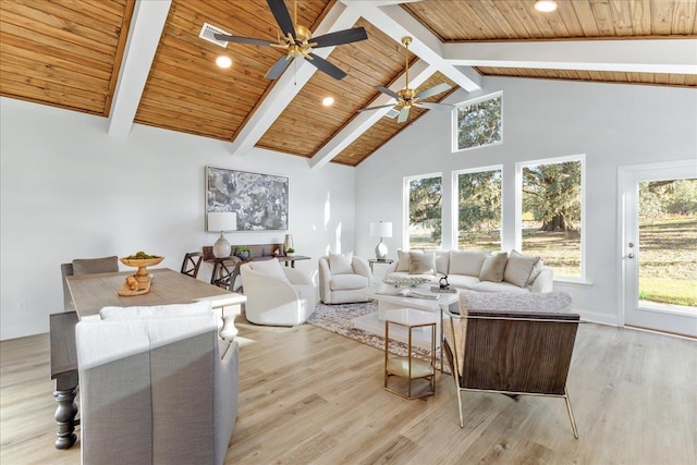 living room with beam ceiling, light hardwood / wood-style floors, high vaulted ceiling, and wood ceiling