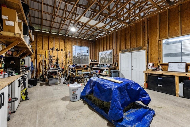 garage with a workshop area