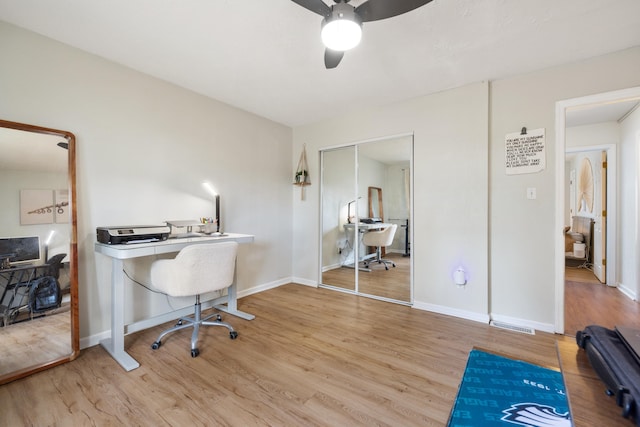 office featuring ceiling fan and light wood-type flooring