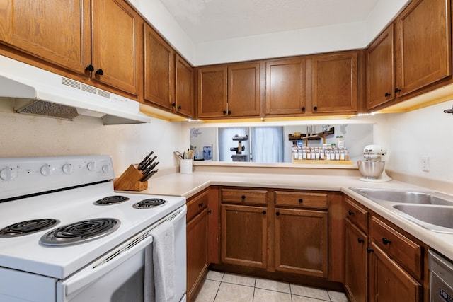 kitchen featuring light tile patterned floors, sink, white electric range oven, stainless steel dishwasher, and kitchen peninsula