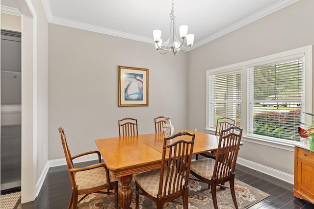 dining space with ornamental molding, dark wood-type flooring, and a chandelier