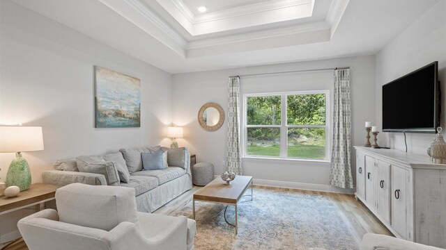 living room featuring light hardwood / wood-style floors, crown molding, and a tray ceiling