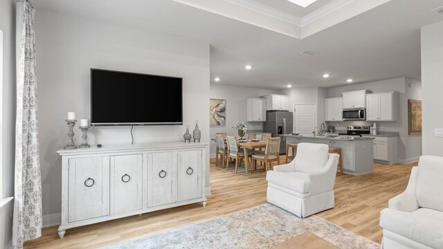 living room featuring light hardwood / wood-style flooring and sink