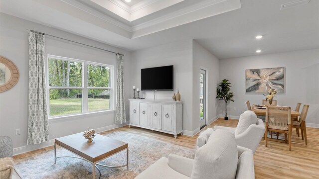 living room with a raised ceiling, light wood-type flooring, and crown molding