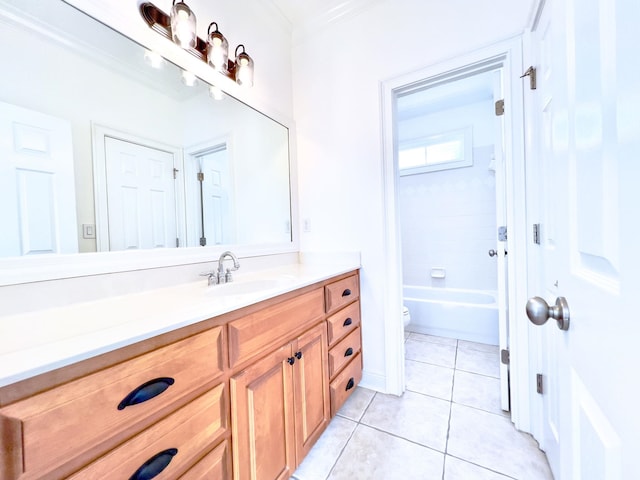 full bathroom featuring vanity, toilet, crown molding, tub / shower combination, and tile patterned floors